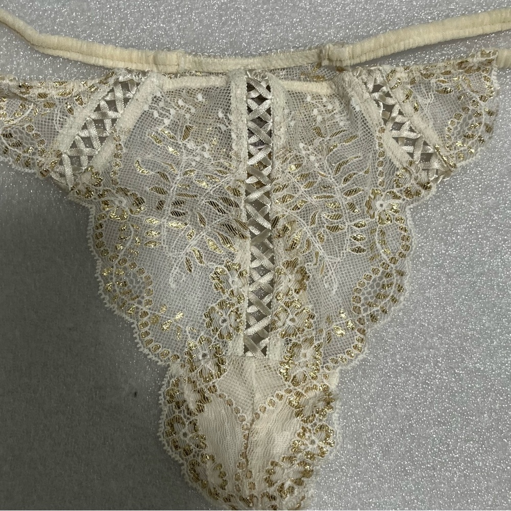 Victoria's Secret Cream and Gold metallic embroidery Lace thong Panty